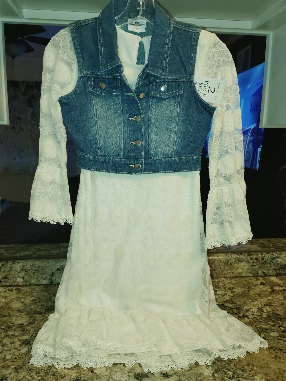 NWT Rare Edition Girls 2-Piece White Lace Dress & Cropped Denim Vest Set -16